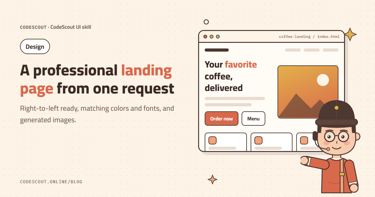 Scout pointing at a landing page for a coffee roastery