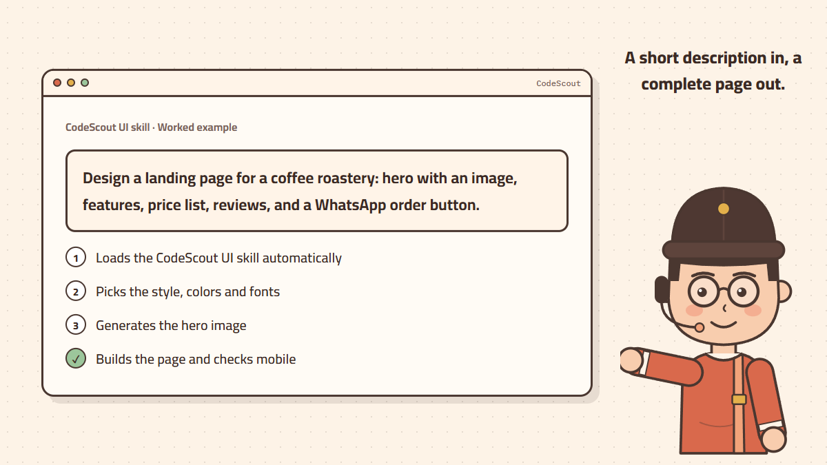 A landing page design request and the agent’s steps
