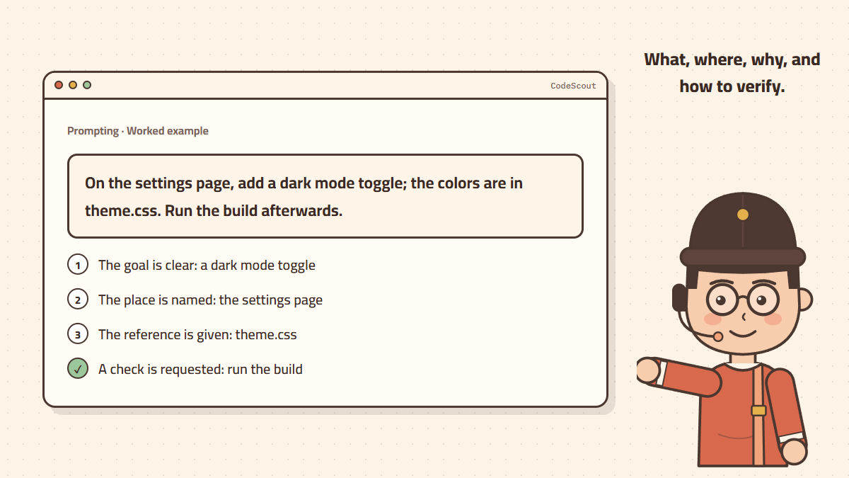 An example of a clear request naming the goal, place, reference and check