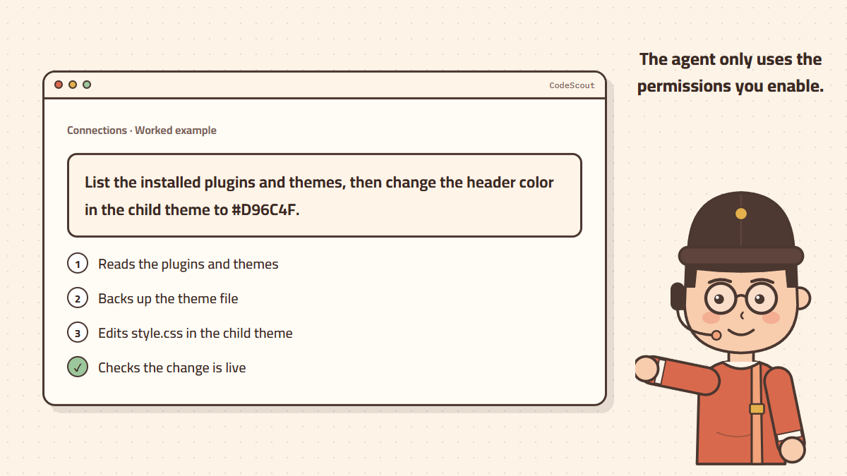 A request to change the header color in a WordPress theme and the agent’s steps
