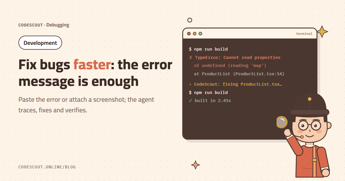 Scout inspecting an error in the terminal, followed by a passing build