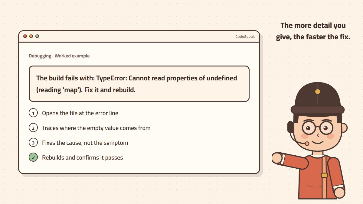 A request to fix a bug and the agent’s steps to trace and fix it
