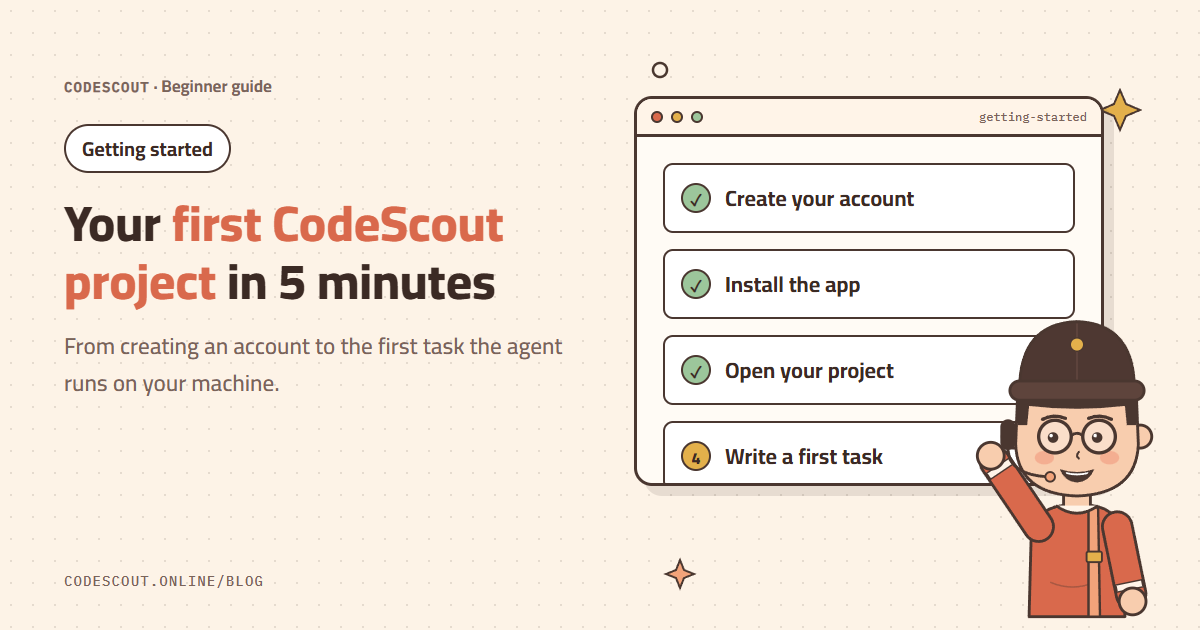 Scout waving next to the CodeScout getting-started checklist