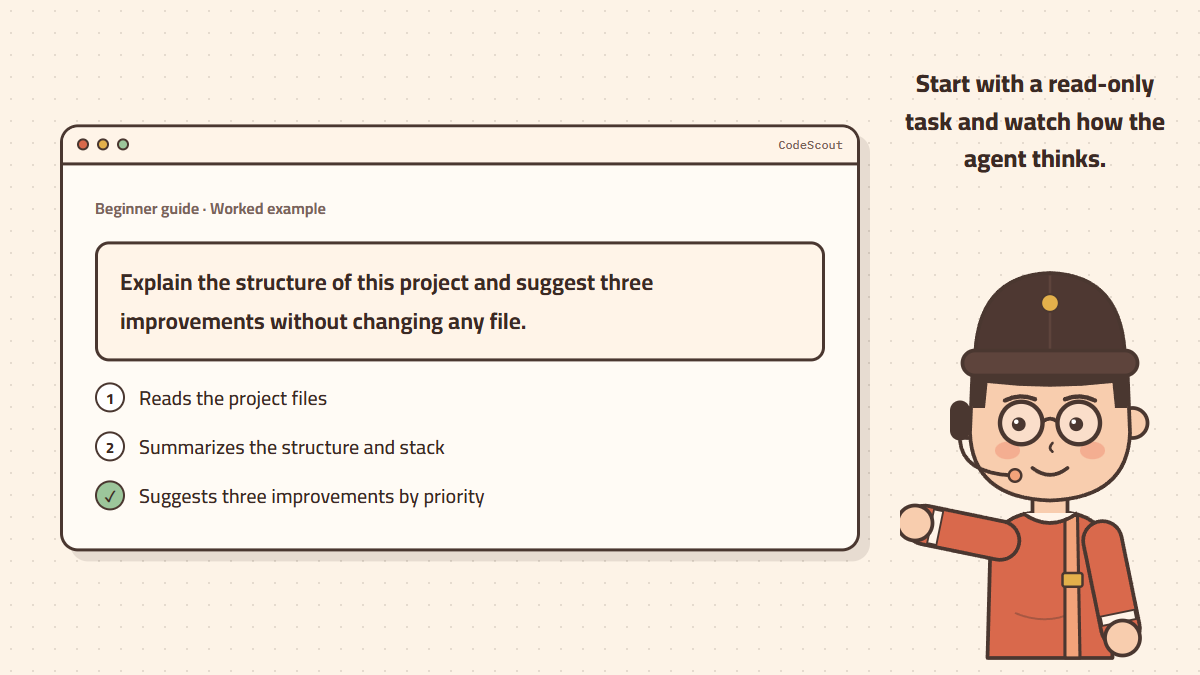 An example first prompt in CodeScout and the steps the agent takes