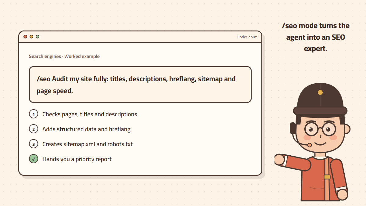 An SEO audit request for an Arabic site and the agent’s steps