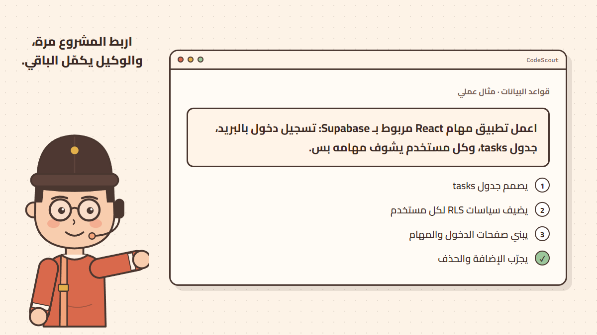 طلب بناء تطبيق مهام مع Supabase وخطوات الوكيل